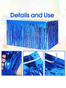 1pc Metallic Foil Fringe Table Skirt, Rectangle Blue Metallic Wire Party Table Decoration For Christmas, Birthdays, Wedding Receptions, Dessert Tables - Blue - View 5