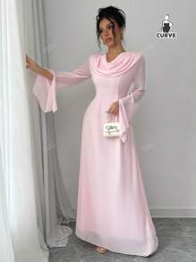 QIANZHIDU فستان سيدات بلس سايز من نوع تيللي، بلون واحد ذات ياقة متدلية وأكمام جرسية، فستان أنيق، فستان حفلة سيدات، فستان سهرة فاخر للنساء