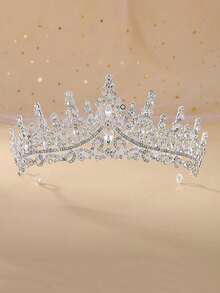 1pc Magnificent Fully Diamond Alloy Crystal Glass Wedding Bride Crown Valentine's Day Accessories - Silver - View 5