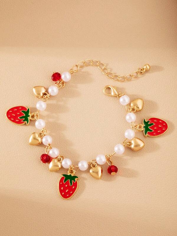 1pc Adorable Strawberry/Cherry/Heart Shaped Children Bracelet, Suitable For Daily Wear Or As A Gift