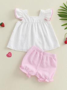 Baby Girl Summer Clothes Stripe Print Flying Sleeve Square Neck Tank Tops Ruffled Shorts Outfit - White - View 6