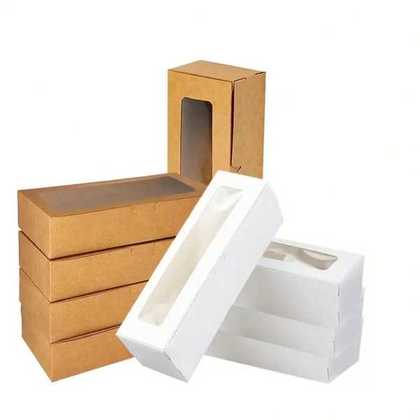 20pcs Kraft Paper Gift Boxes With Transparent Window, Two Colors Available, Suitable For Macaron Packaging, Party Supplies, Gift Boxes
