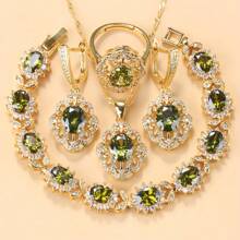 18K Gold Plated Colorful Cubic Zirconia Fashion Party Luxury Quality Wedding Bridal Elegant Jewelry Sets For Women Necklace Pendant Earrings Bracelet Ring 5-Piece Sets Gift