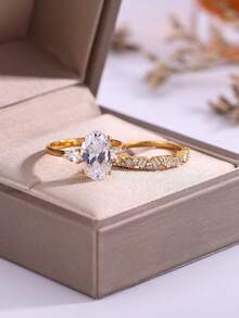 2pcs Set 925 Sterling Silver Oval Cubic Zirconia Inlaid Stacking Engagement Rings Bridal Wedding Jewelry Set - Gold - View 9