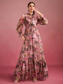 Women's Tie Neck, Cinched Waist, Random Flower Printed, Frill Trim Elegant Long Dress Spring Vacation - Dusty Pink - View 3