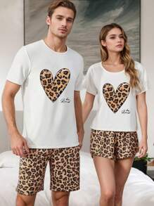 2pcs Men & Women Matching Sleepwear Set: Thin Round Neck Short Sleeve Shirt With Heart & Leopard Print + Shorts, Casual & Comfortable Lounge Set For Summer