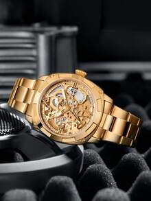 LONGLUX 1 Đồng hồ đeo tay cơ tự động rỗng cổ điển, dây đeo bằng thép không gỉ màu vàng, đồng hồ nam chống nước, quà tặng lý tưởng - Vàng - Xem 5