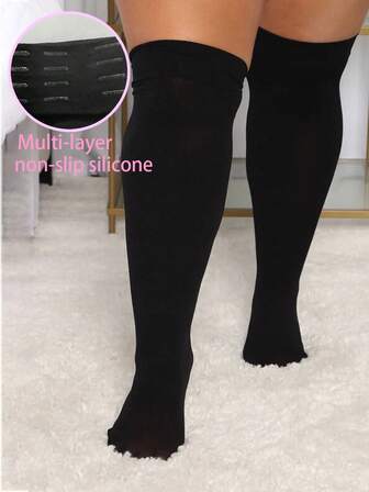 1 Pair Plus Size Silicone Non-Slip Thigh High Socks, Simple Solid Color Over The Knee Stockings, Comfortable Thigh High Socks, Women Pantyhose And Stockings