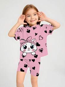 Set di top a maniche corte e pantaloncini con stampa di gatti per bambine e ragazze piccole