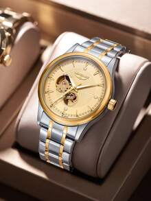 1pc Men's Automatic Mechanical Waterproof Steel Band Watch, Suitable For Daily Wear And Gift Giving - Gold - View 1