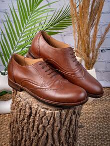 Zapatos Oxford de vestir, con estilo empresarial británico para hombres, zapatos de punta redonda con cordones, formal    Casual - Café integral - Ver 3