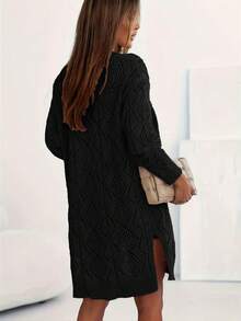 Casual Long Sleeve Solid Pointelle Knitted Cardigan - Button Front - Women's Clothing - Black - View 4