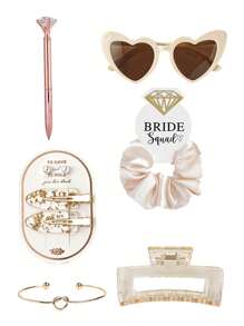 6-Piece Bridesmaid Proposal Gift Set: Champagne Satin Soft Scrunchies, Bride-To-Be Hair Clips, Heart-Shaped Sunglasses, Diamond Pen, Square Hair Claw Clips, Fashion Gift For Girls, Wedding Party
