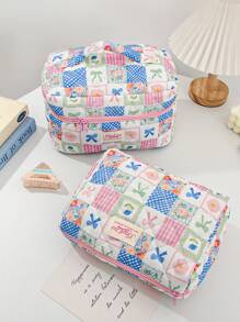 1 Piece Multi-Style Spliced Color Matching Cosmetic Bag With Bow Pattern, Girly Heart Design, Multifunctional Cosmetic Storage Bag,For Holiday Beach, Bathroom Collection, Bedroom Collection, Large Capacity