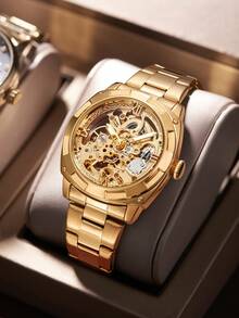LONGLUX 1 Đồng hồ đeo tay cơ tự động rỗng cổ điển, dây đeo bằng thép không gỉ màu vàng, đồng hồ nam chống nước, quà tặng lý tưởng - Vàng - Xem 4