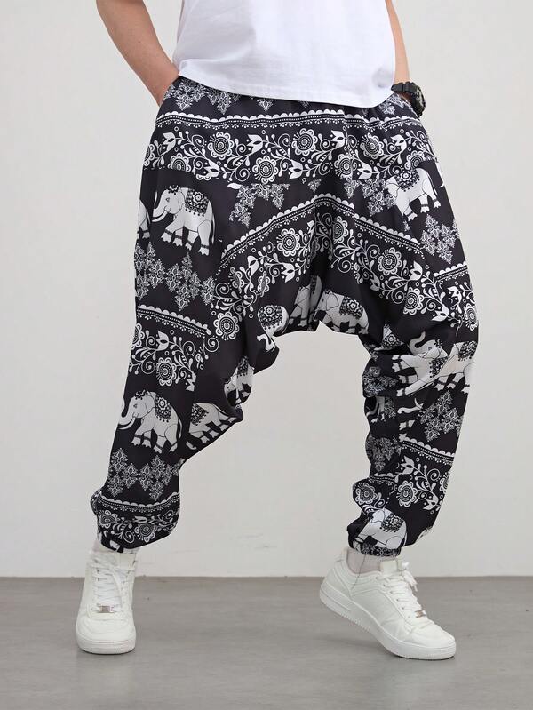 بنطلون هارم بتصميم فضفاض بطبعة الفيل بطراز بانك للرجال، تصميم طباعة عشوائي، خريف