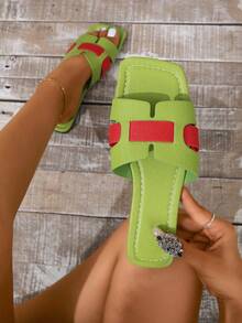 Women's Fashion Flat Sandals, Square Toe Stripe Pattern, Versatile Ladies' Summer Slip-On Sandals, 2025 Spring/Summer New Arrival - Cadet Blue - View 2