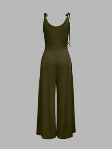 Women's Casual Home Bowknot Pocket Fitted Knit Drop-Crotch Wide Leg Jumpsuit