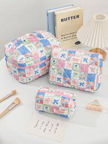 1 Piece Multi-Style Spliced Color Matching Cosmetic Bag With Bow Pattern, Girly Heart Design, Multifunctional Cosmetic Storage Bag,For Holiday Beach, Bathroom Collection, Bedroom Collection, Large Capacity