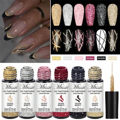 Mtssii 6支装香槟金反光闪粉指甲油套装，粉色、银色、黑色、红色可选，亮闪闪的法式半永久美甲，UV凝胶，超闪风格，拉线涂鸦条纹，DIY法式美甲设计，可卸甲油，美甲用品