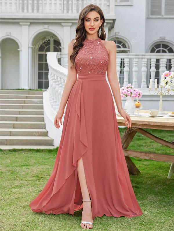 MIUSOL Vestido Longo de Festa Elegante com Decote Halter, Babado, Saia Frontal Fendida, de Chiffon com Lantejoulas e Renda Floral, Vestido de Festa Formal para Mulheres, Vestido de Formatura, para Convidado de Casamento, Formatura, Jantar