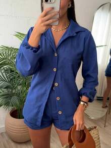 Long Sleeve Top And Shorts Set Combination - 寶藍色 - 查看 2