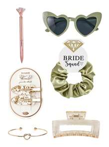 6-Piece Bridesmaid Proposal Gift Set: Champagne Satin Soft Scrunchies, Bride-To-Be Hair Clips, Heart-Shaped Sunglasses, Diamond Pen, Square Hair Claw Clips, Fashion Gift For Girls, Wedding Party