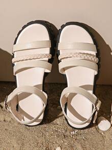 Sandalias tejidas con correa de estilo sencillo y de moda para vacaciones, sandalias planas con plataforma estilo diosa y suela gruesa, adecuadas para caminar al aire libre, la playa, tallas grandes, atuendos de primavera y verano - Beis - Ver 4