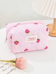 1 Piece Pink And White Color Matching Cosmetic Bag With Strawberry Pattern, Multifunctional Cosmetic Storage Bag Portable Cosmetic Brush Clutch With Zipper Closure, Ready For Lipstick, Brush, Skincare, Storage Box, Jewelry Storage Box, Lip Gloss Storage Box, Nail Polish Storage Box Cosmetic Bag, Holiday Essential Cosmetic Bag