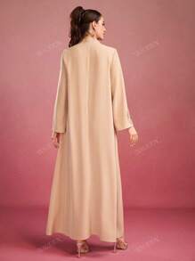 Women's Solid Color Flounce Collar, Handmade 3D Floral Decor, Long Sleeve Maxi Elegant Arabian Dress