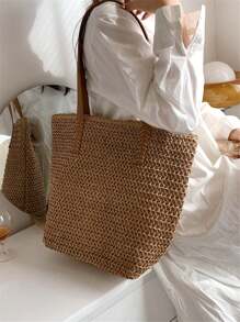 1 peça nova bolsa de viagem casual simples estilo praia férias grande capacidade cesta de tecido, bolsa tote casual dobrável para compras diárias, uso na praia fim de semana feriado, presente para mulheres