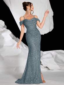Sequin Shoulder Spaghetti Strap Fitted Mermaid Hem Slit Dress With Lining, Party Formal Evening Gown, For Wedding Guest - Gray Blue - View 7