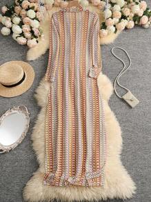 Vestido casual de playa hecho a mano de ganchillo, de cuello en V bajo y abertura, diseño calado para vacaciones
