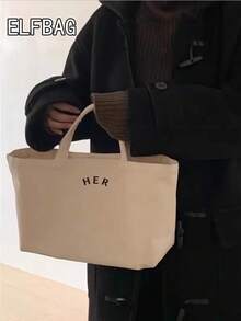Casual Minimalist Letter Canvas Tote Bag, Solid Color Handbag, High Cost-Effective Fashion Versatile Suitable For Moms, Students, Office Workers, Shopping And Outings