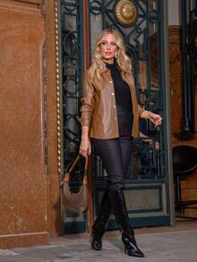 ACME MADE IN CHINA Brown Faux PU Leather Jacket Simple Button Basic - 焦糖 - 查看 3