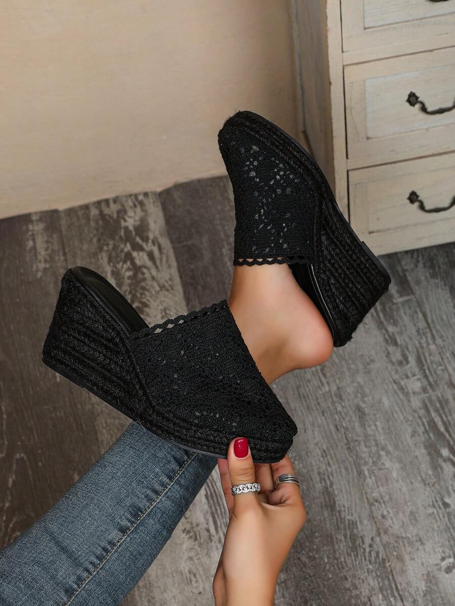 Breathable, Lightweight And Fashionable Hemp Rope Wedge Slide Sandals - All Black - View 1