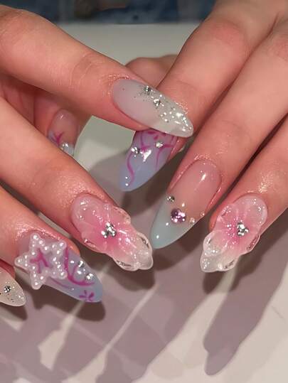 24 قطعة/مجموعة تحديث الأناقة أظافر صناعية بشكل اللوز مع تصميم تدرج نجوم وزهور جميلة، مرصعة بالراين ستون، مناسبة لجميع السيدات والفتيات، تأتي مع ملف أظافر وغراء جل للتطبيق السهل