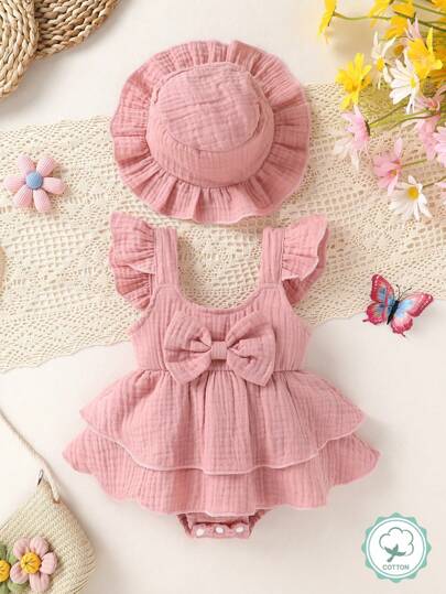 2pcs Baby Girl Elegant Cute Romper & Dress Set, Soft Breathable Comfortable With Bow Decor Solid Color Layered Ruffle Romper+Sun Hat, Suitable For Casual, Daily, Holiday