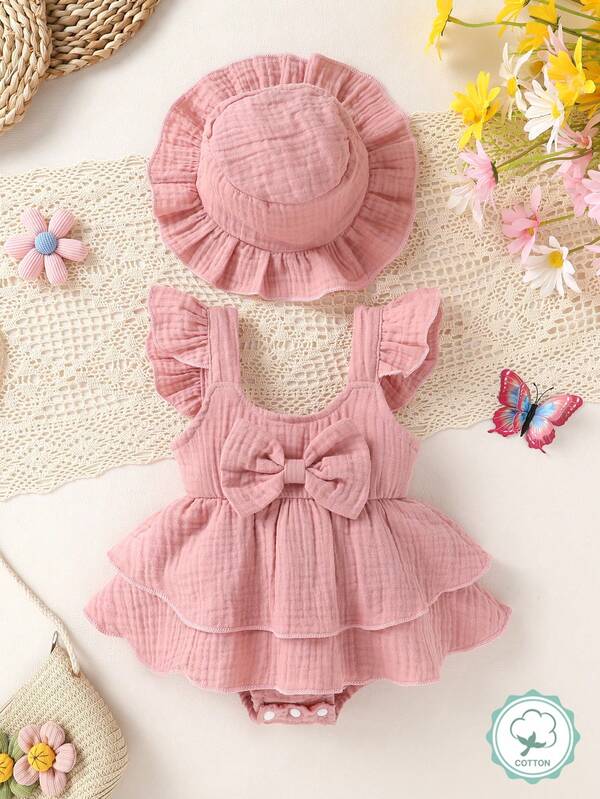 2pcs Baby Girl Elegant Cute Romper & Dress Set, Soft Breathable Comfortable With Bow Decor Solid Color Layered Ruffle Romper+Sun Hat, Suitable For Casual, Daily, Holiday
