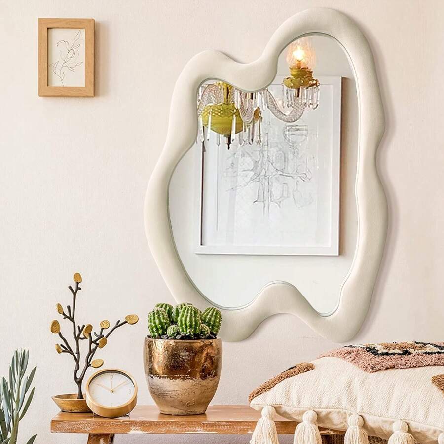 Asymmetrical Mirror Irregular Wall Mirror Modern Wood Frame Mirror Decorative Wall Mirror Suitable For Bedroom Living Room Bathroom Entrance