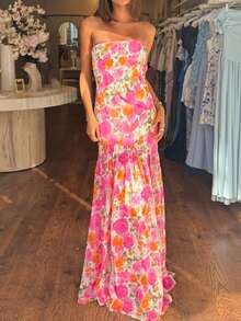 Women Floral Strapless Dress Sexy Backless Bodycon Maxi Long Dress Y2K Sleeveless Off Shoulder Tube Dress Summer Bobo Beachwear - 粉色 - 查看 3
