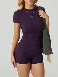 Women's Fashion Round Neck Short Sleeve T-Shirt And Side Pocket Sports Shorts Set - Bold Plum - View 6