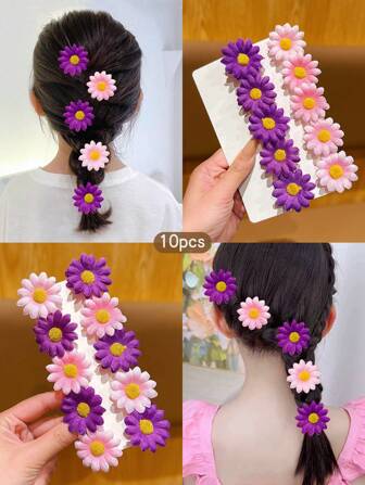 10 件粉色和紫色花朵发夹，甜美风格发饰，适合日常使用