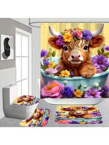 1/4 Pcs Cute Highland Cow Bathroom Set - Christmas Red Hat Shower Curtain, Bath Mat And Toilet Seat Cover - Adorable Farm Animal Design Bathroom Decor - Multicolor - View 15