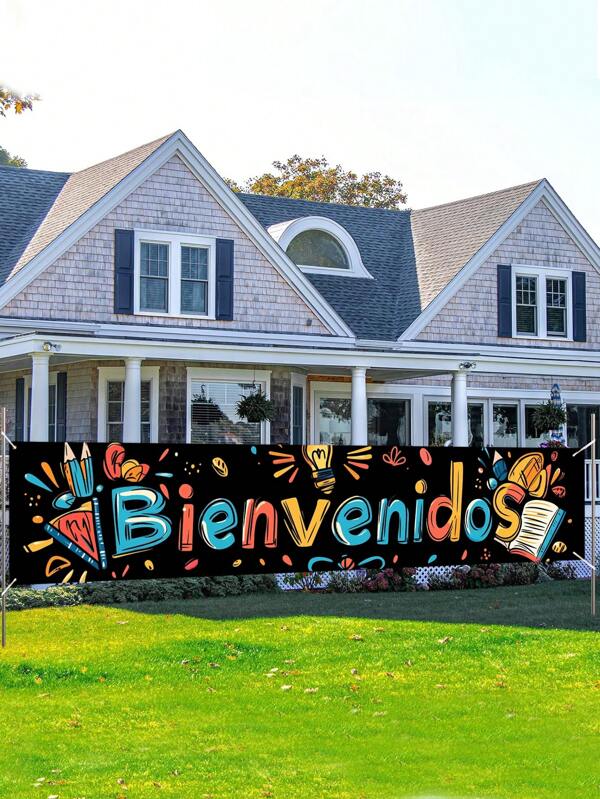1pc Academy Theme Banner, White Background Watercolor Pen Pencil "Bienvenidos" Pattern, Polyester Banner, Easy To Hang, Indoor/Outdoor Decor, Suitable For Garden, Fence, Balcony And Lawn Back To School Season Party Celebration Birthday Decorations Tapestry Room Decor Flag Party Decorations School Decor School Surprise Dormitory Decor