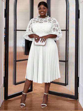 Plus Size Solid Color Lace Patchwork Lantern Sleeve Dress