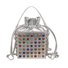 1pc New Crossbady Bags For Girl Women's Pu Leather Handbags Female Lady Bucket Shoulder Messenger Bags Classic Fashion Square High Quality Brand Designer Rhinestone Studded Camera Makeup Bag Drawstring Bag Chain Shoulder Strap With Drawstring Suitable For Dating, Shopping, Commuting, And Working Black Silver White - Multicolor - View 15