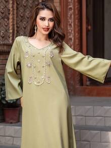 فستان طويل فضفاض بياقة على شكل حرف V مزين بالراين جديد 5214، متوافق مع المتطلبات الشرقية المحتشمة