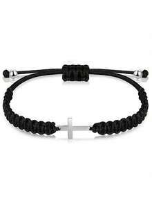 1pc Black Beaded Silver Cross Bracelet, Suitable For Daily Wear - Black - View 1
