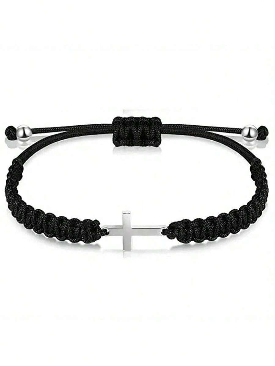 1pc Black Beaded Silver Cross Bracelet, Suitable For Daily Wear - Black - View 1